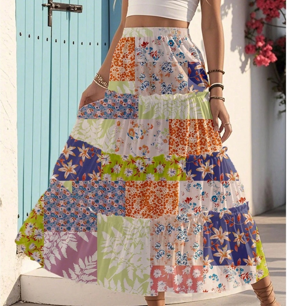 Boho vibrant Floral Tropical Print Patchwork Ruffle Hem Skirt